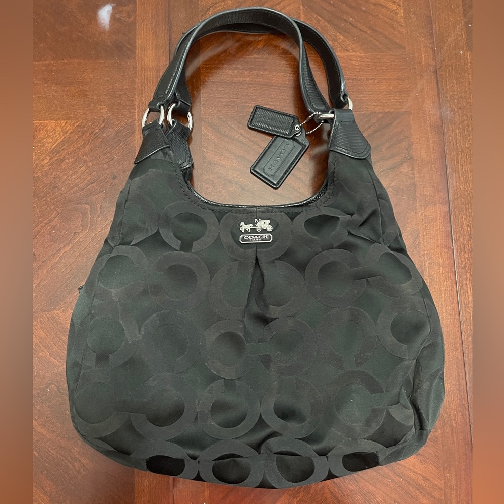 Coach Madison Op Art Sateen Maggie Hobo Shoulder Bag Black Red Interior
